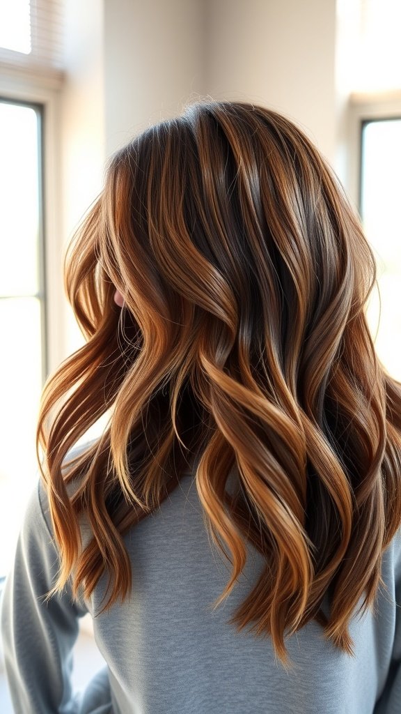 A woman with wavy shoulder-length hair featuring highlights, viewed from the back.