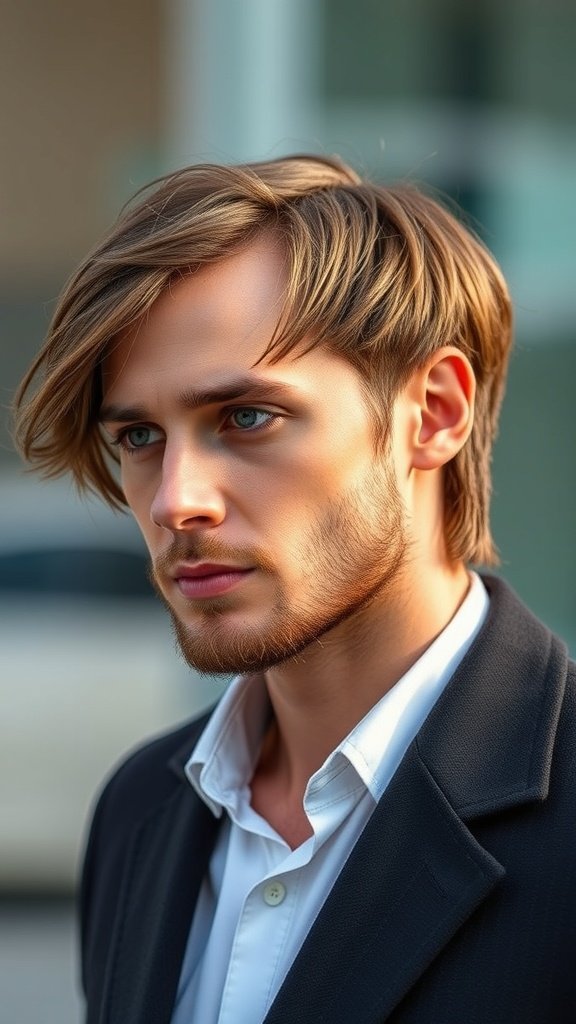 A man with wavy textured lob hairstyle, showcasing medium-length hair styled with soft waves.