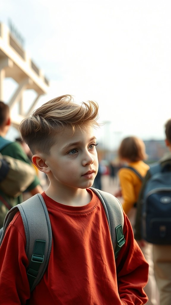 A boy with a wavy undercut hairstyle, wearing a red sweatshirt and a backpack, looking thoughtful in a school setting.