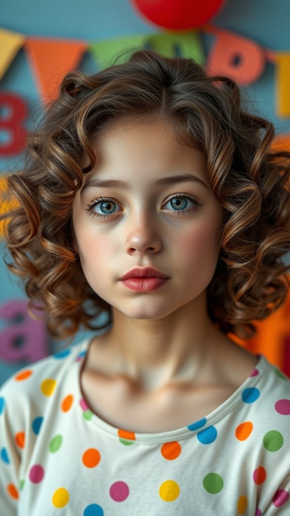 A young girl with medium-length curly hair styled in whimsical layers, wearing a colorful polka-dotted shirt.
