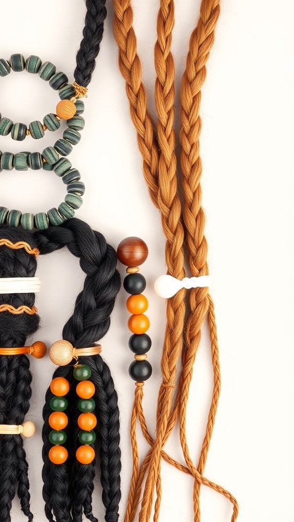A collection of colorful beads and hair ties for styling knotless braids.