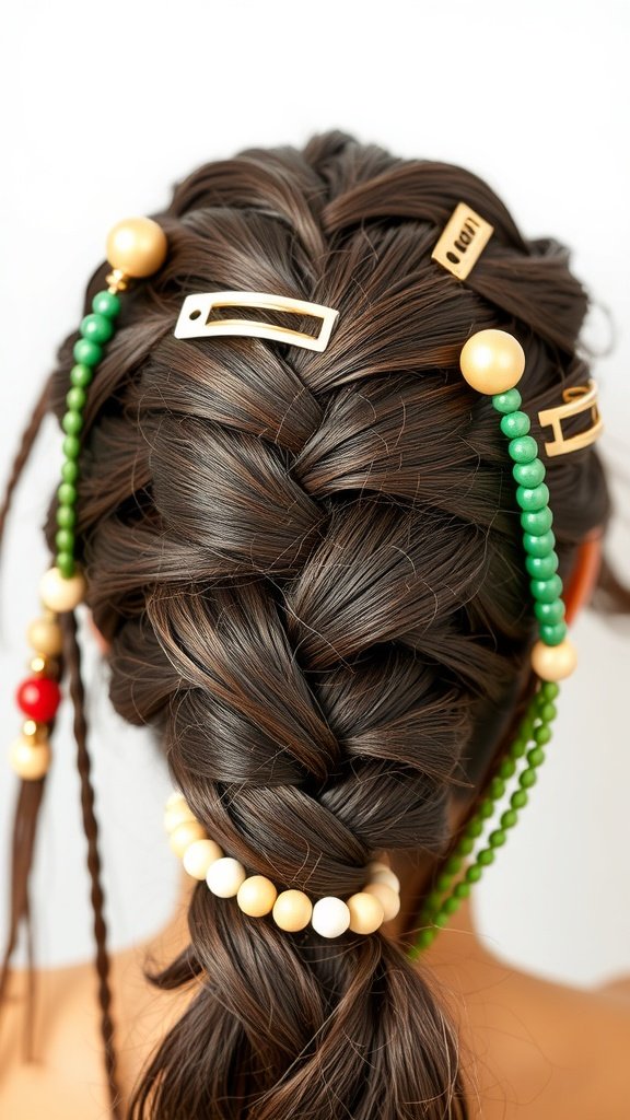 Close-up of a braided hairstyle with colorful beads and clips