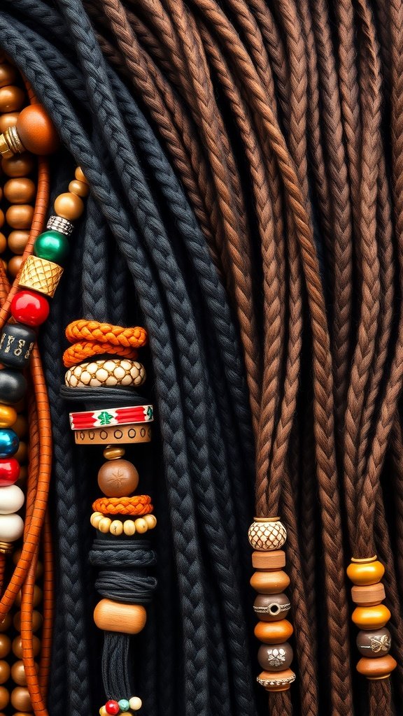 An assortment of colorful beads and cords for braiding hairstyles.