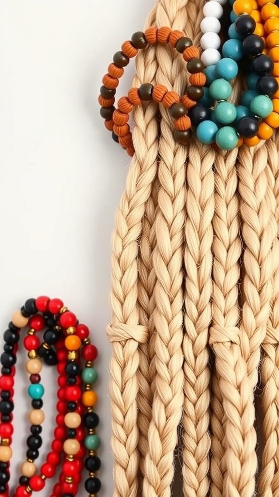 Blonde knotless braids with colorful beads and accessories