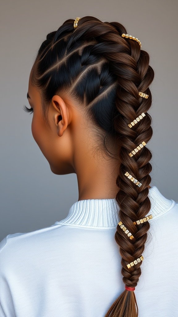 A close-up of a stylish side braid with gold accessories, showcasing knotless box braids.