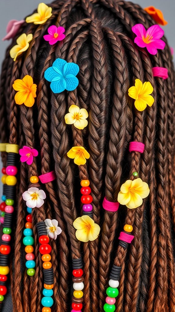 A close-up of blonde boho knotless braids decorated with colorful flowers and beads.