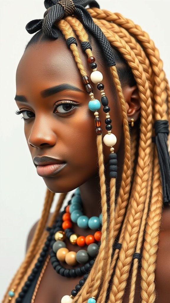 A close-up of a woman with blonde knotless box braids, adorned with colorful beads and necklaces.