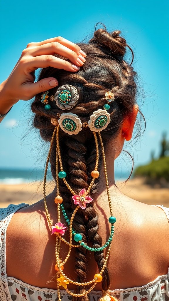 A woman with bohemian knotless braids decorated with colorful beads and floral accessories.