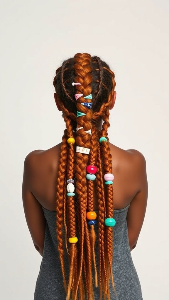 A person with ginger knotless braids decorated with colorful beads.