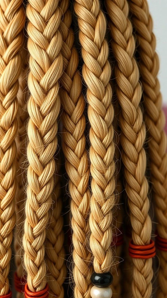 Close-up of honey blonde knotless braids with colorful hair ties and beads