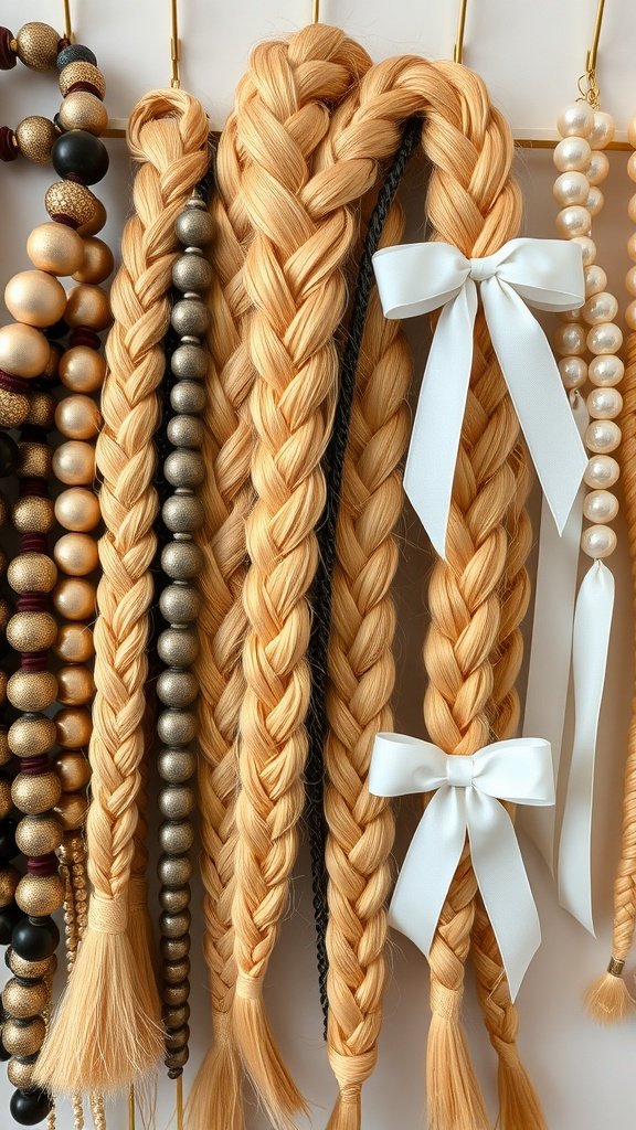 Various honey blonde knotless braids displayed with accessories like ribbons and beads.