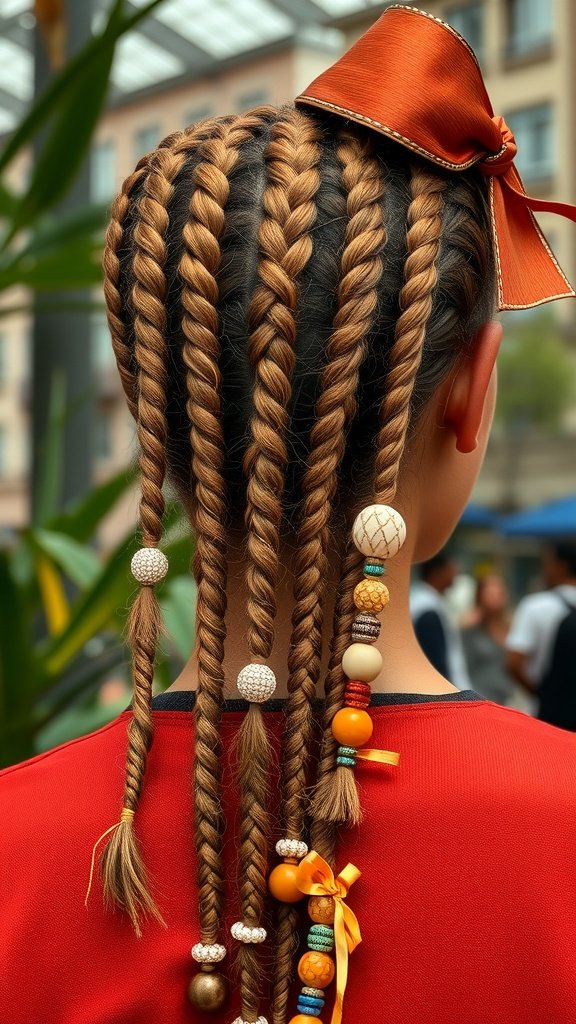A close-up of honey brown knotless braids adorned with colorful beads and a ribbon.