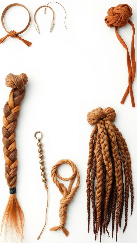 A collection of hair accessories for honey brown knotless braids, including ties, clips, and decorative elements.