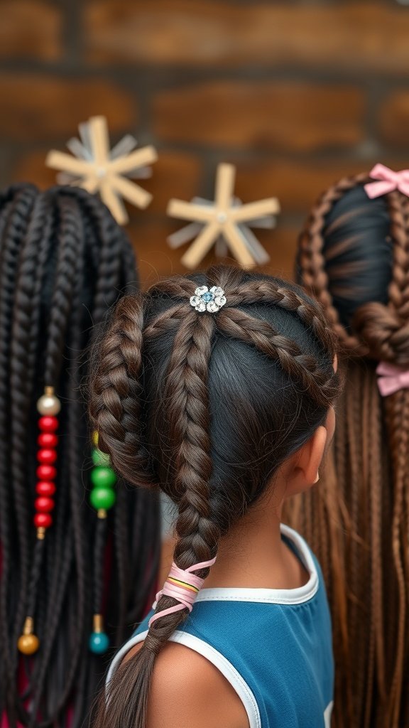 Three girls with different styles of knotless boho braids, featuring colorful beads and hair accessories.