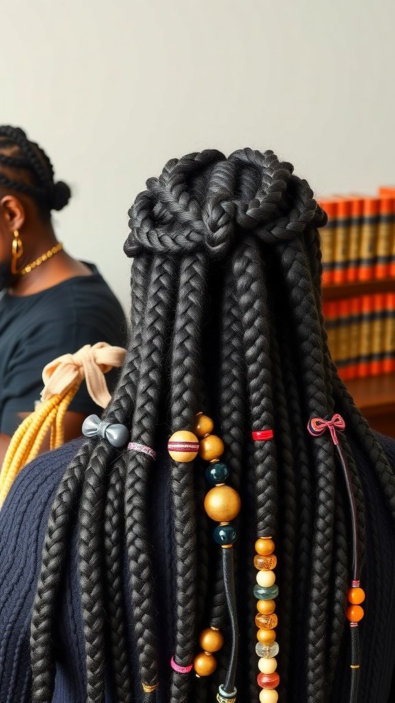 A close-up view of large short knotless box braids decorated with colorful beads and ribbons.