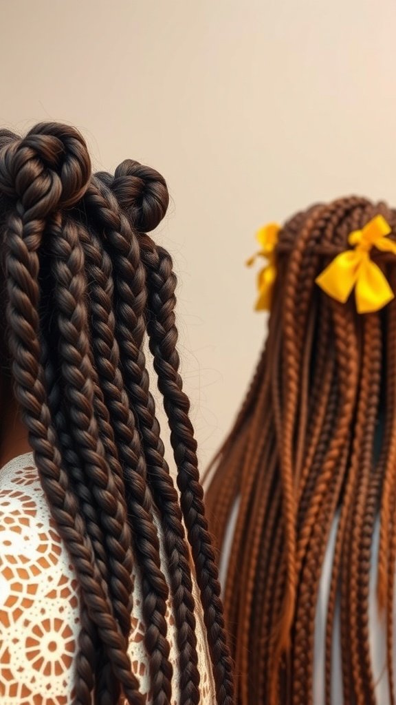Two women showcasing knotless braids, one with yellow bows and the other with long braids.