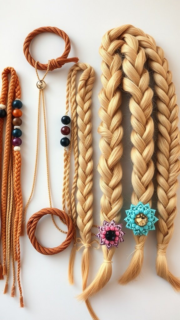 Honey blonde knotless braids with colorful accessories