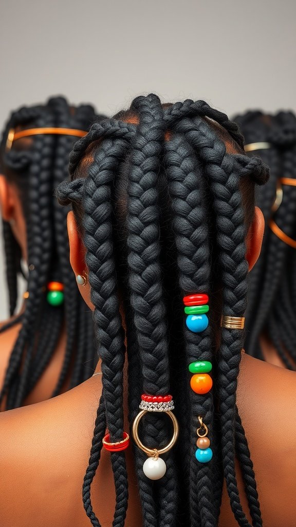A close-up view of knotless braids adorned with colorful beads and rings.