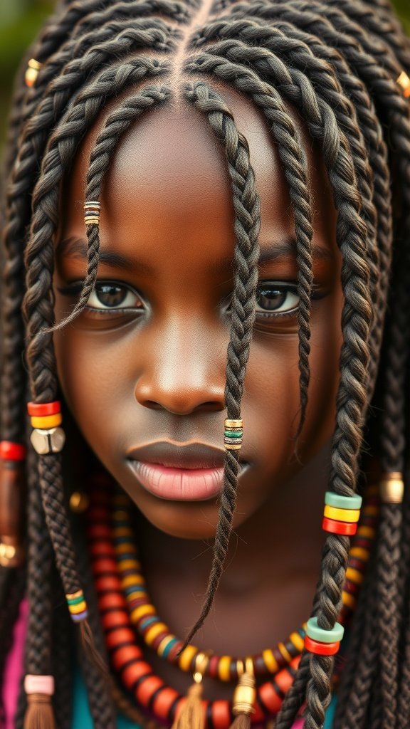 A close-up of a girl with knotless braids adorned with colorful beads, showcasing a stylish protective hairstyle.
