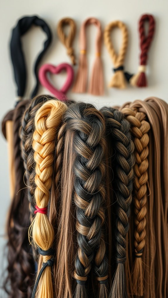 A variety of colorful braids displayed, showcasing different styles and textures.