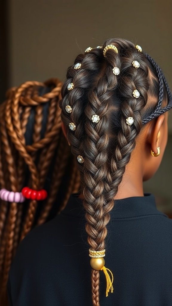 A close-up of beautifully braided hair with decorative beads and gold accents, showcasing short bohemian knotless braids.