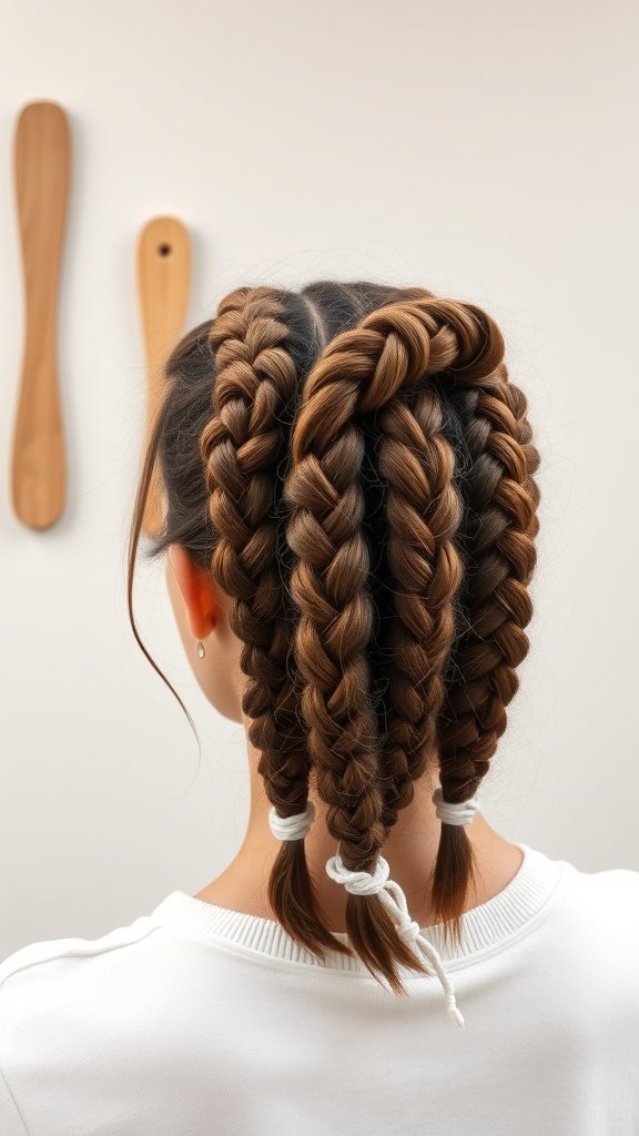 A woman with stylish short knotless braids secured with hair ties, showcasing a neat and trendy hairstyle.