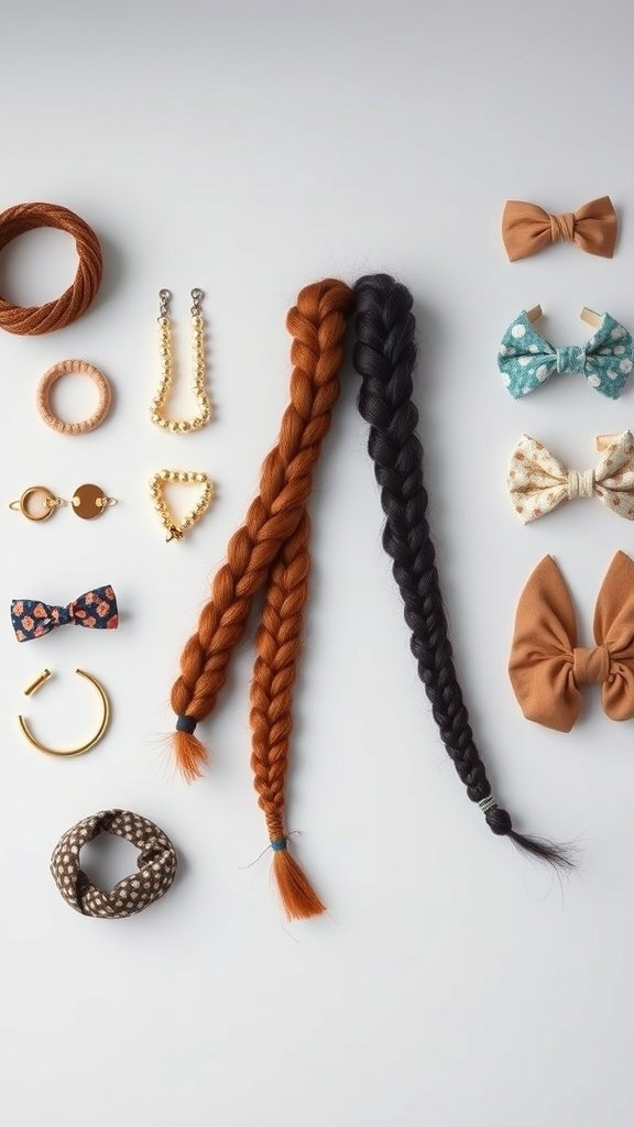 A variety of hair accessories including bows, clips, and hair ties arranged with two braided strands.