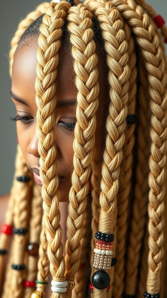 A close-up of a person with blonde knotless braids adorned with colorful beads.