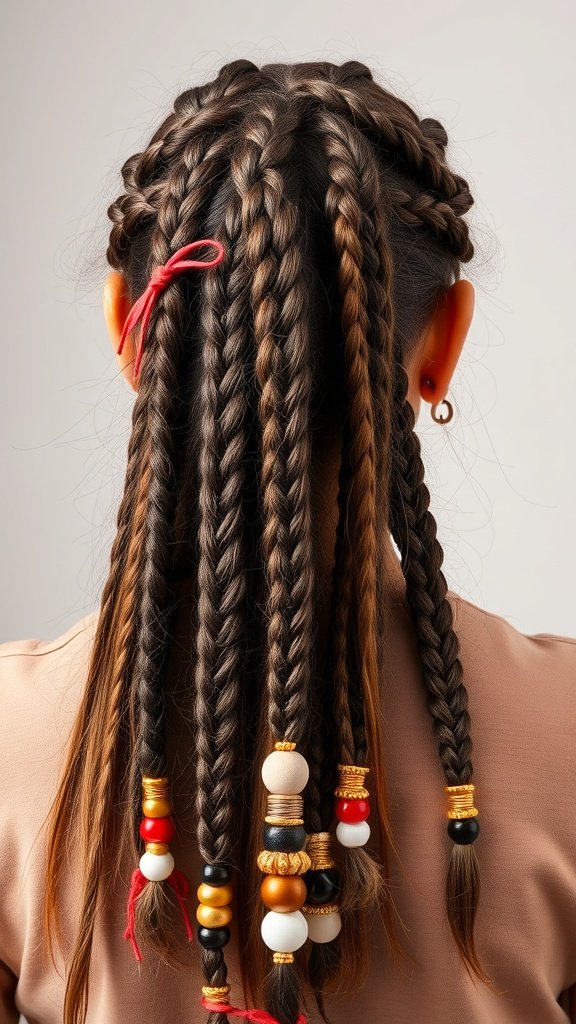 A close-up view of a woman's back with Fulani knotless braids, featuring colorful beads and a red ribbon.