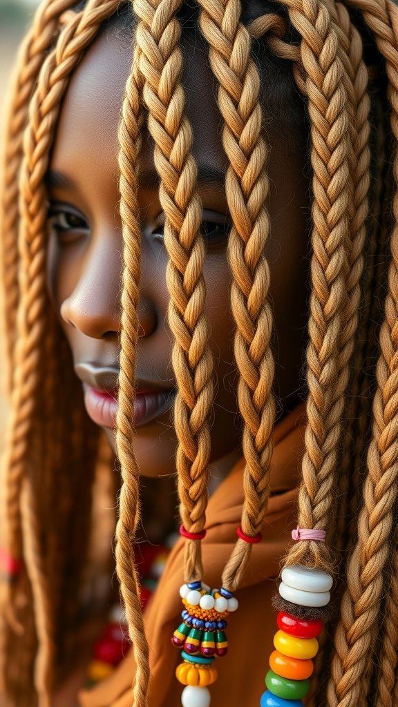 A close-up of a person with honey blonde knotless braids adorned with colorful beads, showcasing a stylish and vibrant hairstyle.