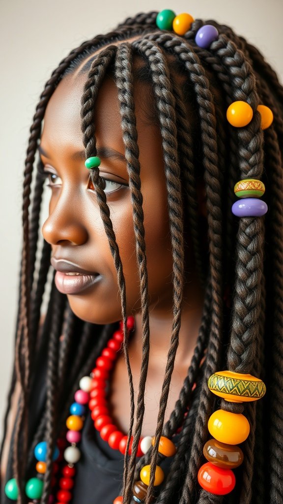 A close-up of a person with knotless braids adorned with colorful beads and necklaces.