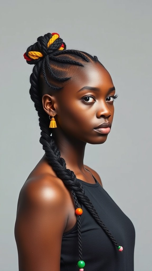 A close-up of a person with knotless braids styled with curls and colorful accessories.