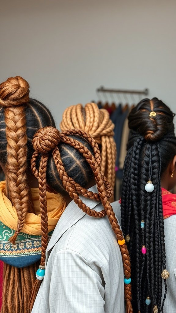 Three women showcasing different styles of knotless twist braids, featuring various colors and accessories.