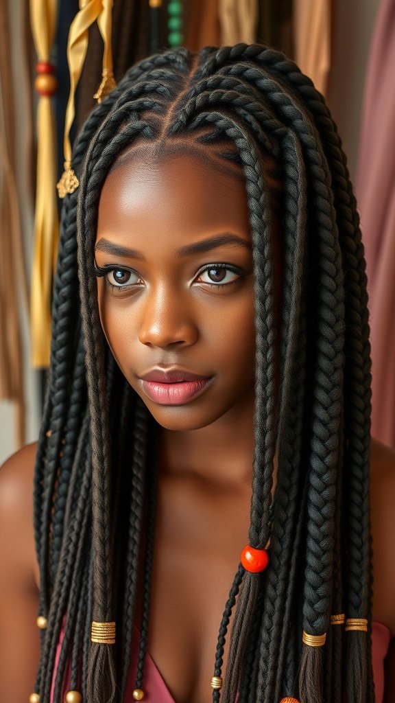 A close-up of a woman with large knotless box braids adorned with colorful beads, showcasing a stylish and creative hairstyle.