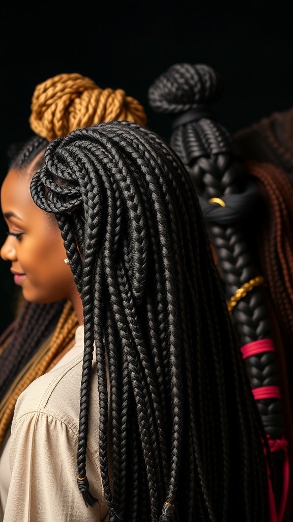 A close-up of large knotless box braids, showcasing various styles and accessories.