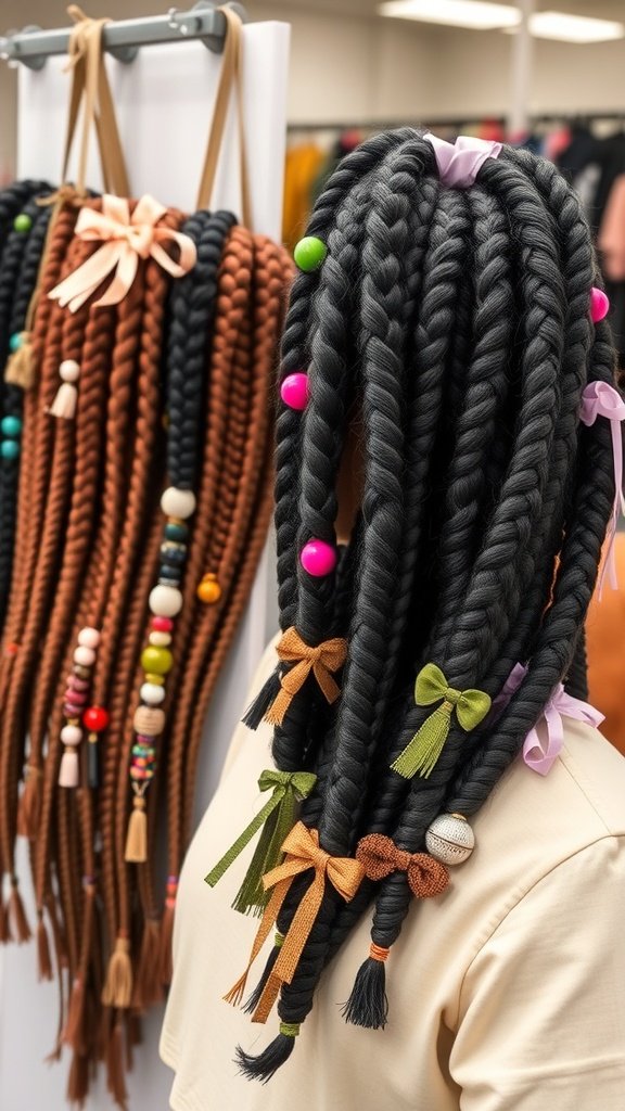 Large knotless braids with colorful accessories hanging on a display.