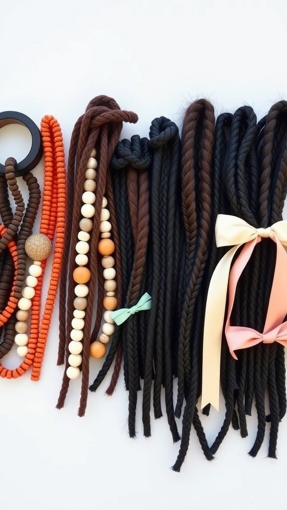 A variety of hair accessories for medium knotless box braids, including colorful beads and ribbons.