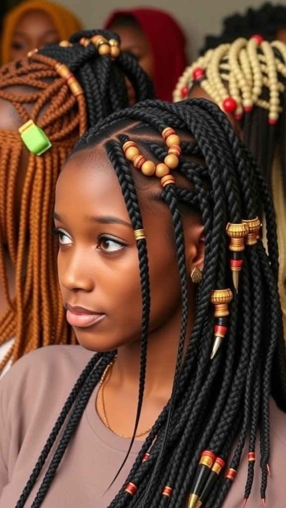 A close-up of a woman with medium knotless box braids, featuring colorful beads and accessories.