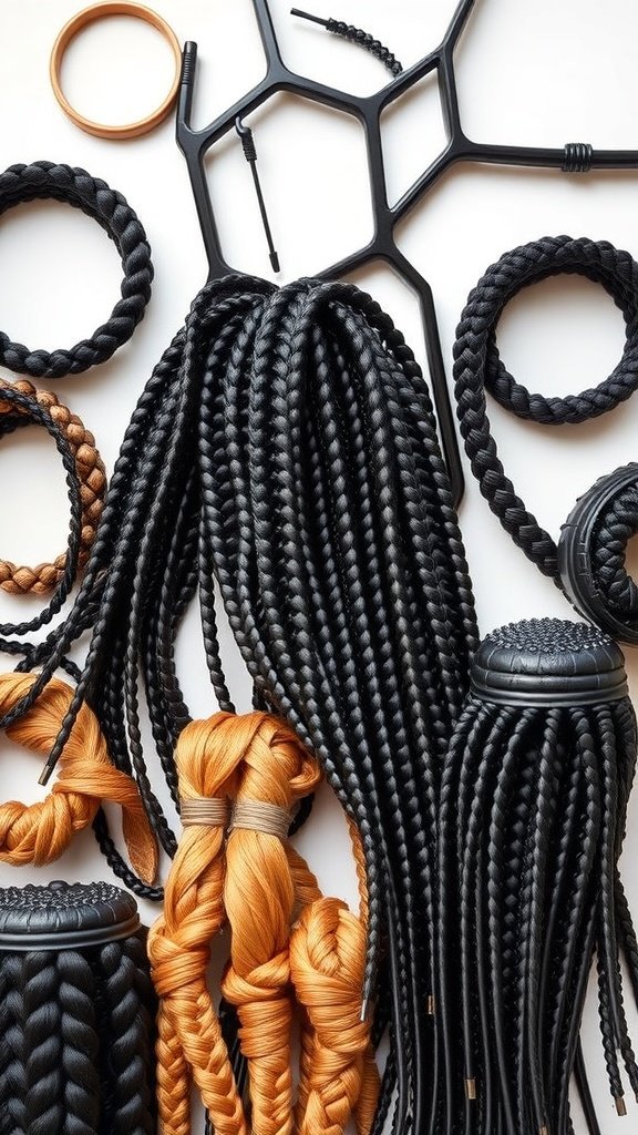 A variety of medium knotless box braids and accessories including hair rings and clips.
