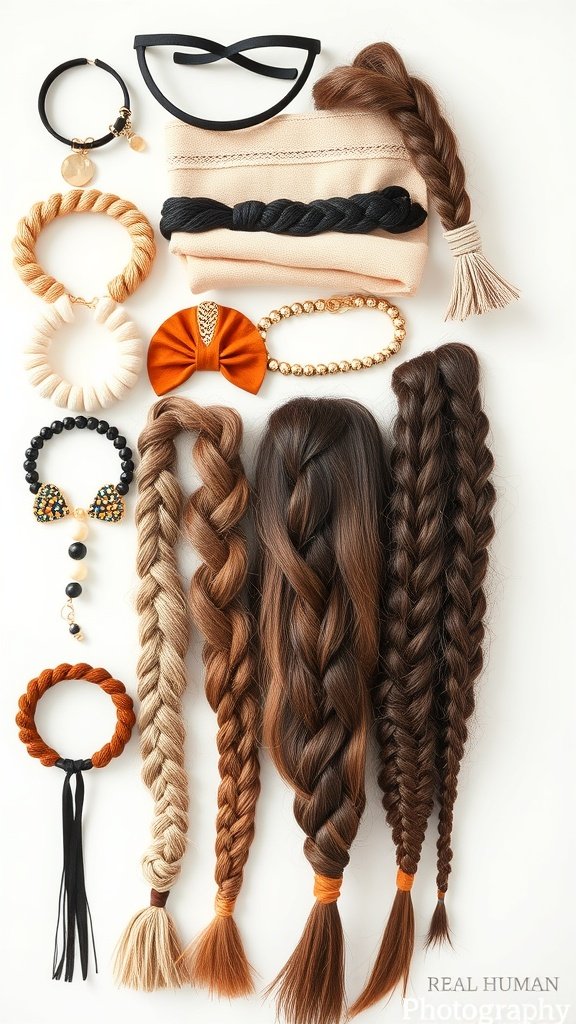 An assortment of hair accessories including headbands, clips, and braids, showcasing styles for short knotless braids.