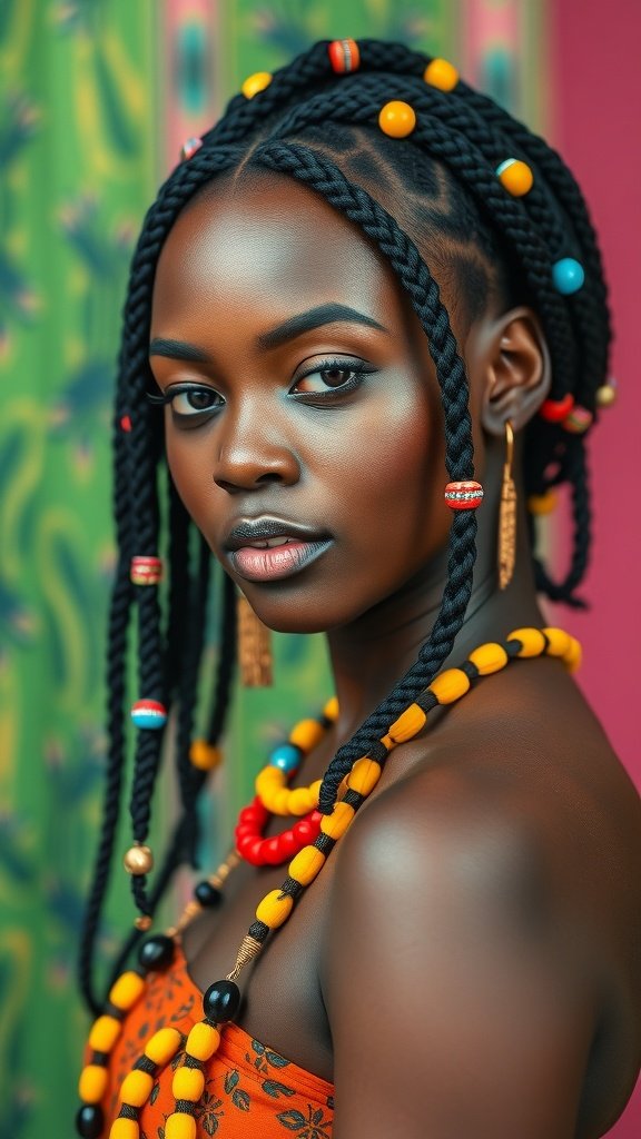 A woman with short bohemian knotless braids adorned with colorful beads and jewelry, showcasing a vibrant and stylish look.
