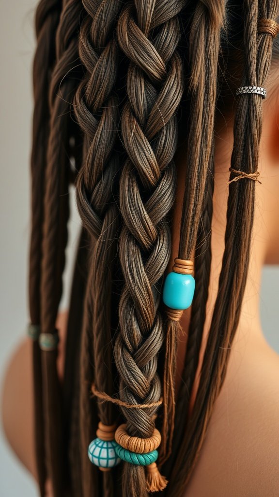 Close-up of small boho knotless braids with colorful beads and accessories