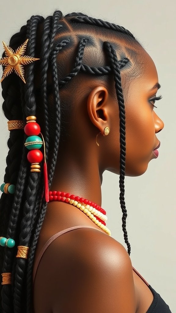 A close-up of a woman with XS knotless braids adorned with colorful beads and hair accessories.