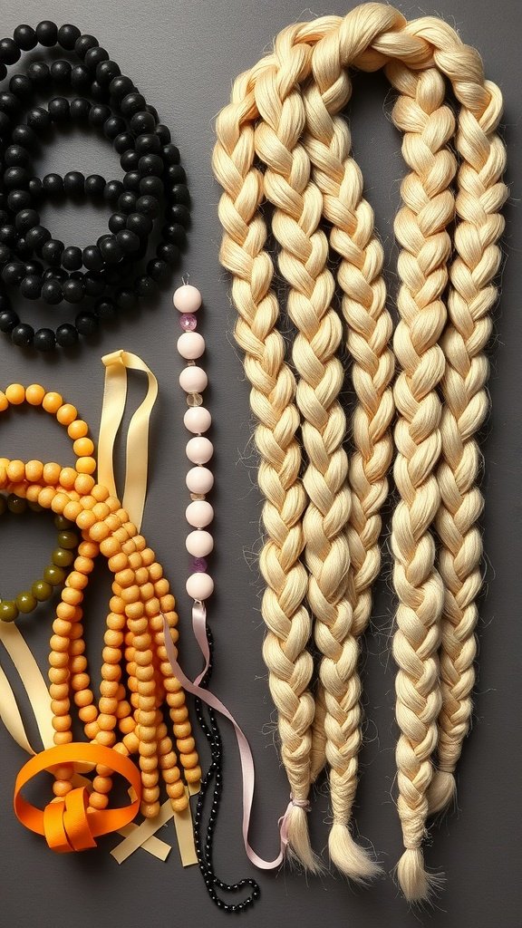 A collection of hair accessories including beads and ribbons next to blonde knotless box braids.