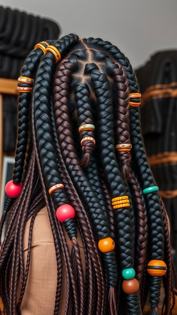 A close-up view of bohemian knotless braids adorned with colorful beads and rings.