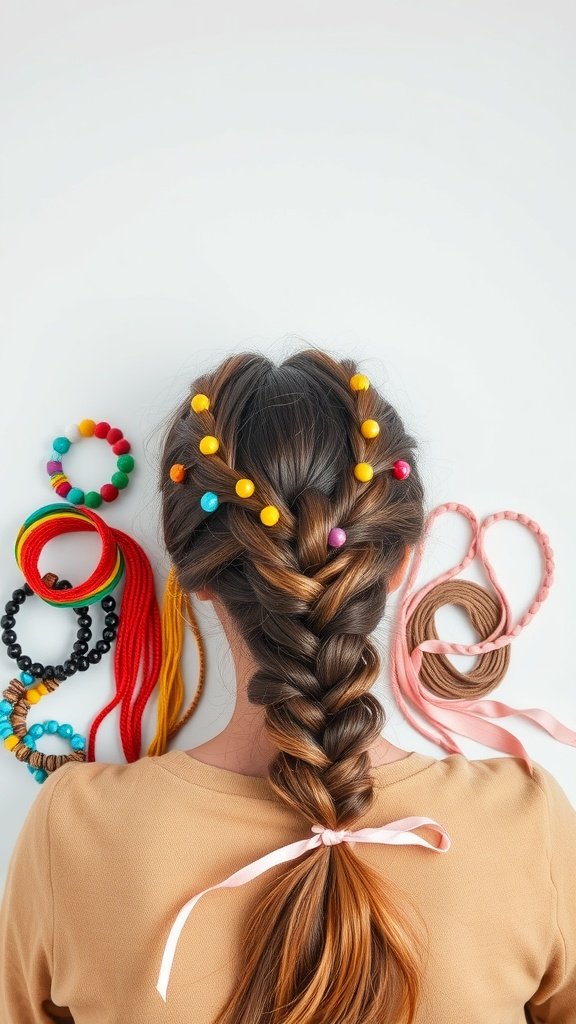 A person with a braided hairstyle adorned with colorful beads and ribbons, surrounded by various accessories.