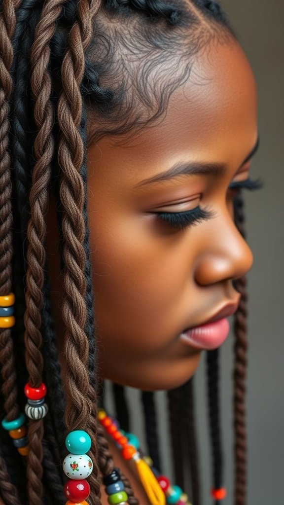 A close-up of a young girl with long knotless braids adorned with colorful beads, showcasing a boho style.