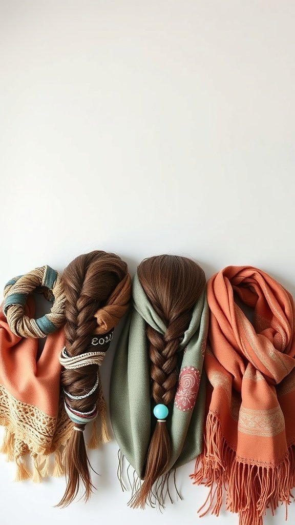 Three different braided hairstyles with scarves and accessories