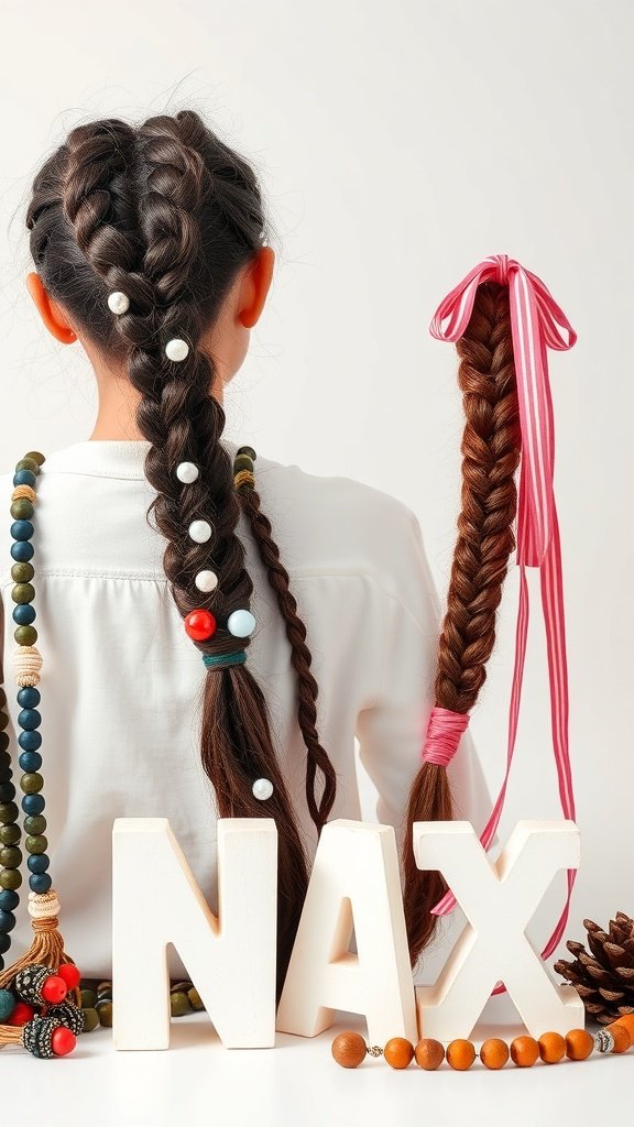 A girl with jumbo knotless box braids decorated with beads and ribbons, showcasing a playful hairstyle.