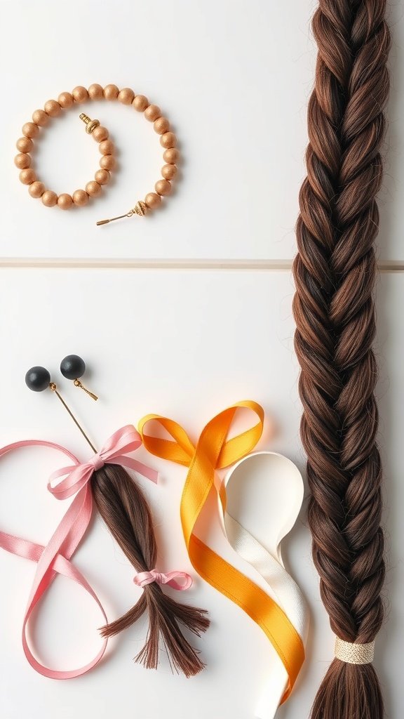 A variety of hair accessories including beads, ribbons, and a braided hair piece.